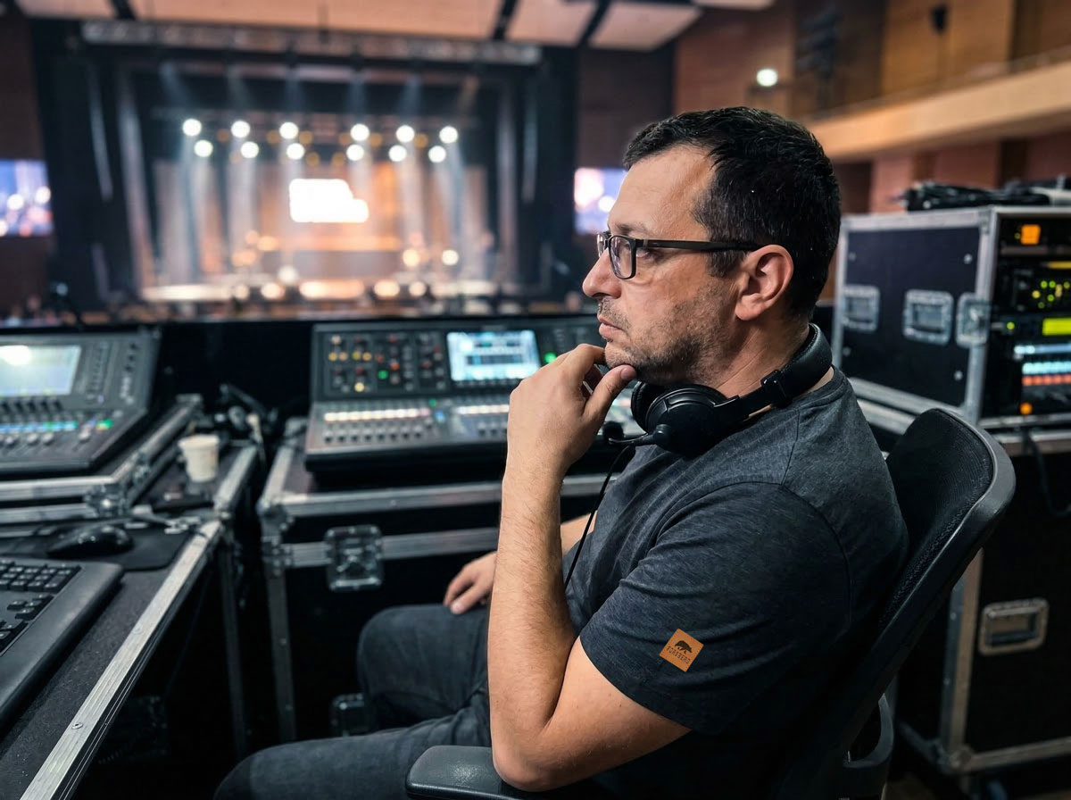 Kopfhörer, Kraftstation, Tonmischpult, Bühnenpult, Technik-Arbeitsplatz